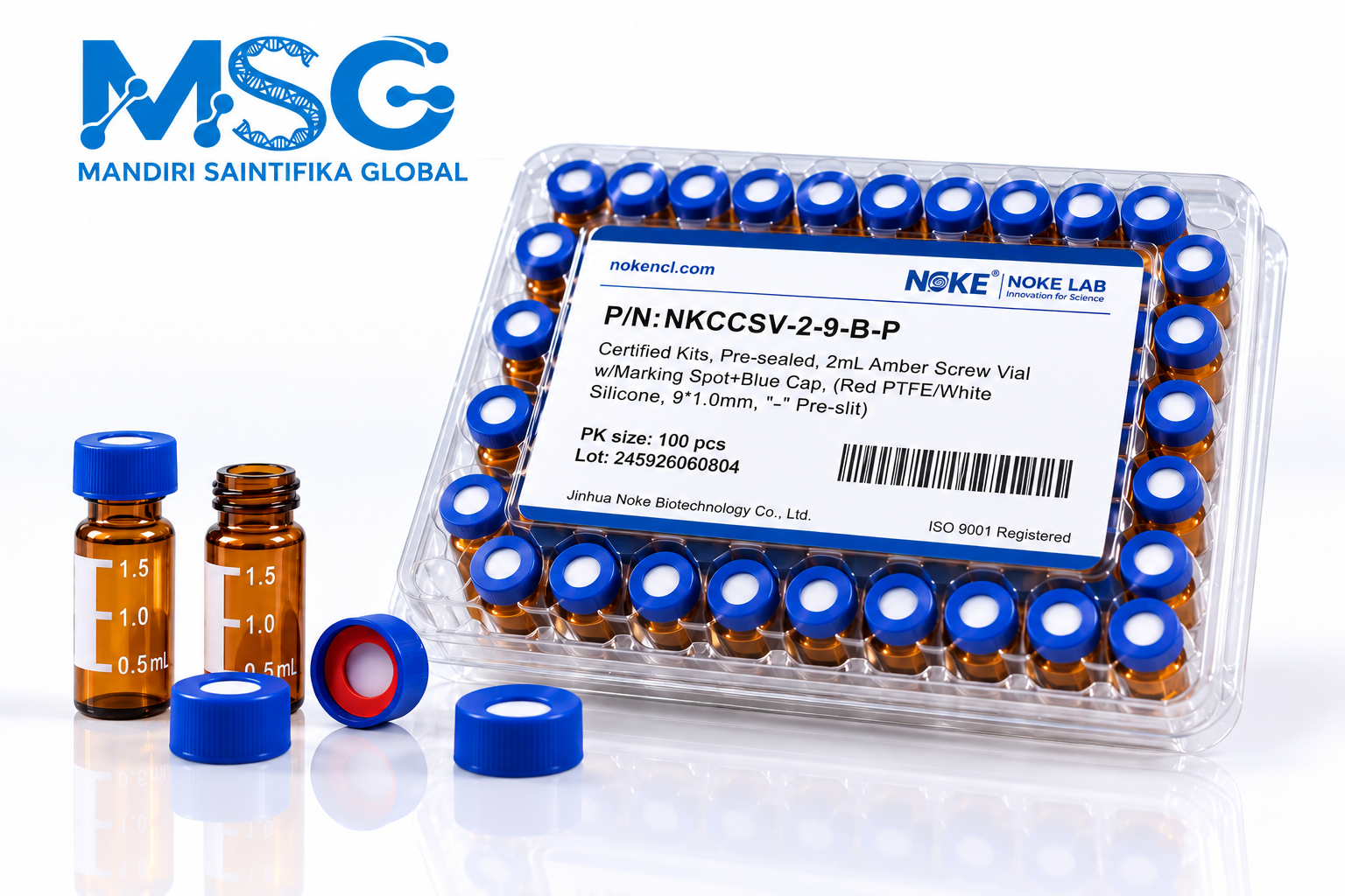 NKCCSV-2-9-B-P  - Certified Kit, Pre-Sealed, 2 mL Clear Screw Vial, Red PTFE/White Si, 100 pcs/baglicone Septum, 9 × 1.0 mm, Pre-Slit, Marking Spot, Blue Cap