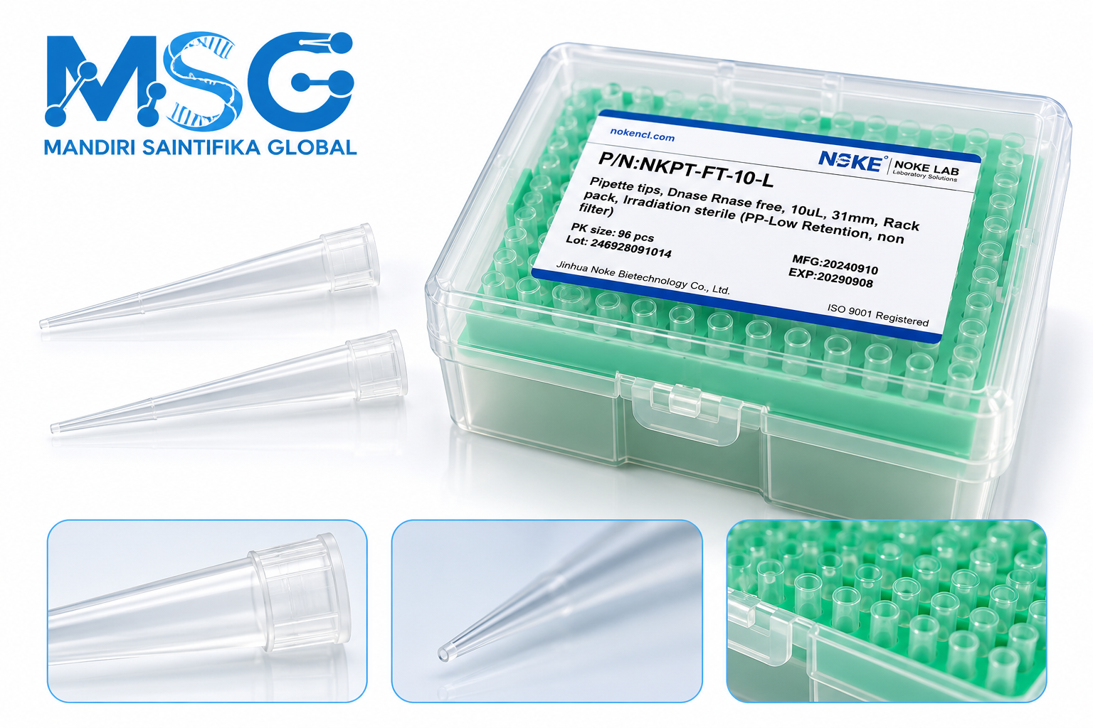 NKPT-FT-10-L - 10ul Pipette tips, Dnase Rnase free, 31mm, Rack pack, 96 tips/rack, irradiation sterile